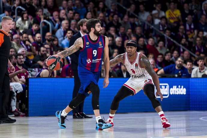 Ricky Rubio of FC Barcelona in action during the Turkish Airlines EuroLeague, match played between FC Barcelona and Olympiacos Piraeus at Palau Blaugrana on April 24, 2024 in Barcelona, Spain.