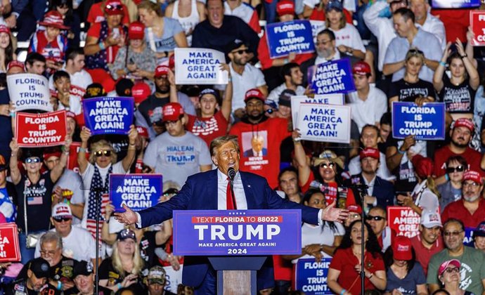 April 24, 2024: Former President Donald Trump at a Nov. 8, 2023, rally in Hialeah, Florida. His strong showing in that GOP stronghold wasn't enough to win him Miami-Dade in 2020, but an early poll suggests the Republican is in a much stronger position hea