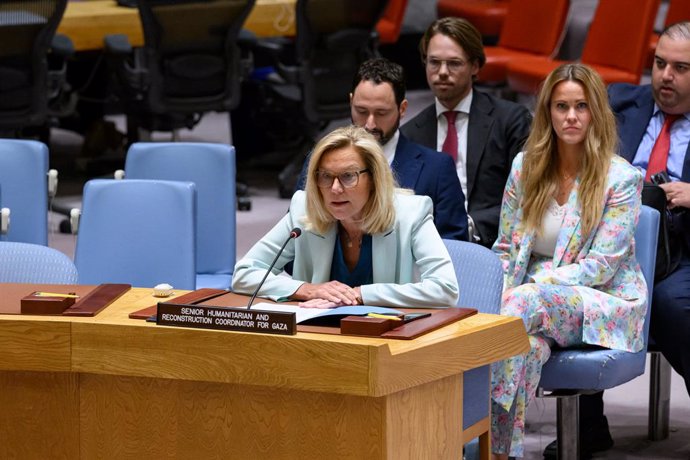 UNITED NATIONS, April 24, 2024  -- The United Nations' senior humanitarian and reconstruction coordinator for Gaza Sigrid Kaag (Front) speaks at a Security Council meeting at the UN headquarters in New York, on April 24, 2024. Kaag on Wednesday called for