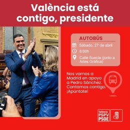 Cartel con las indicaciones de la salida de autobuses el sábado hacia Madrid en apoyo de Sánchez