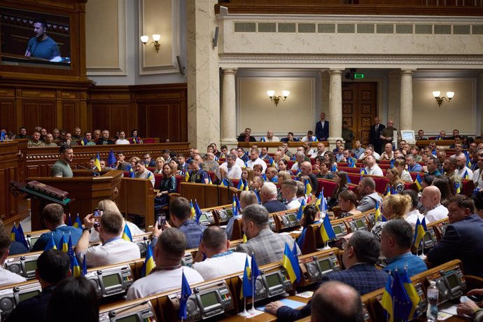 June 28, 2023, Ukraine, Ukraine, Ukraine: Ukrainian President Volodymyr Zelensky attends the plenary session of the Ukrainian Verkhovna Rada Parliament, on the national Constitution Day of Ukraine in Kyiv on June 28, 2023