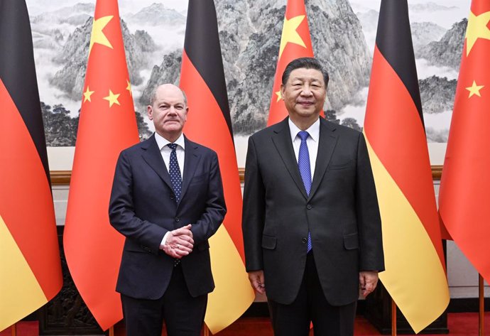 BEIJING, April 16, 2024  -- Chinese President Xi Jinping meets with German Chancellor Olaf Scholz at the Diaoyutai State Guesthouse in Beijing, capital of China, April 16, 2024.