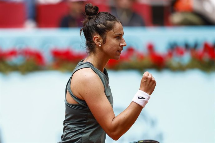 Sara Sorribes Tormo of Spain celebrates a point against Elina Svitolina of Ukraine during the Mutua Madrid Open 2024, ATP Masters 1000 and WTA 1000, tournament celebrated at Caja Magica on April 25, 2024 in Madrid, Spain.