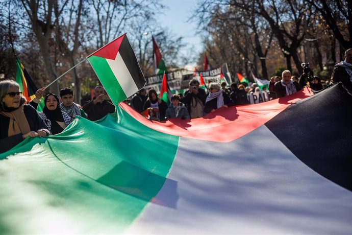 Archivo - Una bandera palestina gigante durante una manifestación en apoyo a Palestina.