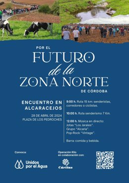 Cartel del 'Encuentro en Alcaracejos' que convoca para el domingo Unidos por el Agua bajo el lema de 'Por el futuro de la zona Norte de Córdoba'.