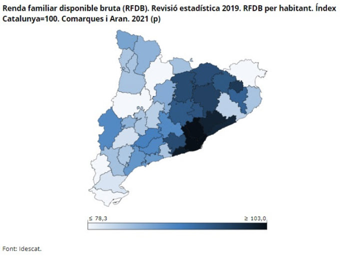 Mapa comarcal de Catalunya que marca la renta por cápita en 2021.