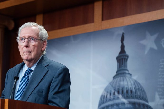 April 23, 2024, Washington, District Of Columbia, USA: United States Senate Minority Leader Mitch McConnell (Republican of Kentucky) holds a press conference in the Capitol in Washington, DC on Tuesday, April 23, 2024. The Senate is set to vote on $95 bil