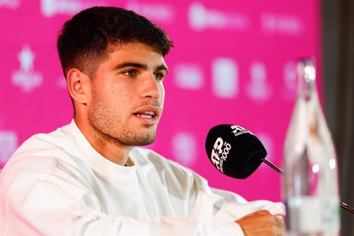 Carlos Alcaraz of Spain attends the media during his press conference during the Mutua Madrid Open 2024, ATP Masters 1000 and WTA 1000, tournament celebrated at Caja Magica on April 26, 2024 in Madrid, Spain.