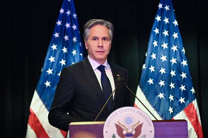 26 April 2024, China, Beijing: US Secretary of State Antony Blinken speaks to journalists during a press conference in Beijing about Ukraine, the Middle East and trade issues, among other things. Photo: Johannes Neudecker/dpa
