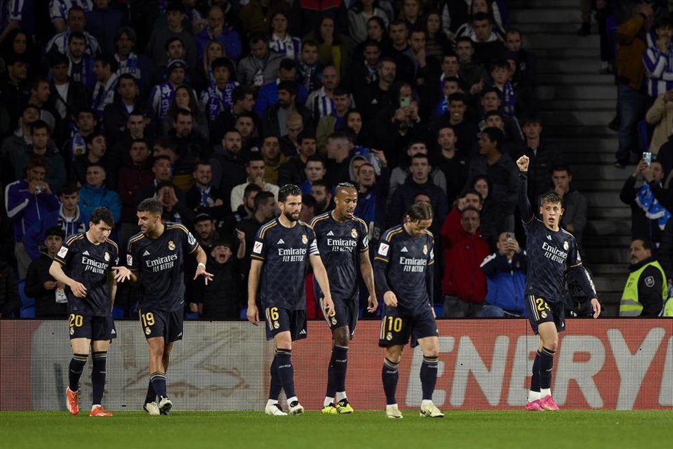 Arda Guler of Real Madrid CF celebrates after scoring the team's first goal during the LaLiga EA Sports match between Real Sociedad and Real Madrid CF at Reale Arena on April  26, 2024, in San Sebastian, Spain.