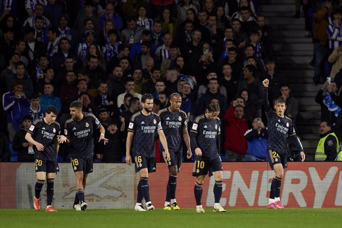 Arda Guler of Real Madrid CF celebrates after scoring the team's first goal during the LaLiga EA Sports match between Real Sociedad and Real Madrid CF at Reale Arena on April  26, 2024, in San Sebastian, Spain.