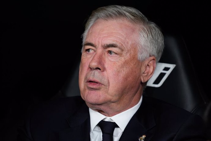 Carlo Ancelotti, head coach of Real Madrid, looks on during the Spanish League, LaLiga EA Sports, football match played between Real Madrid and FC Barcelona at Santiago Bernabeu stadium on April 21, 2024 in Madrid, Spain.