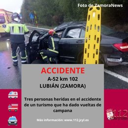 Imagen compartida por el 112 CyL con información sobre el accidente con tres heridos en la A-52 en Lubián (Zamora).