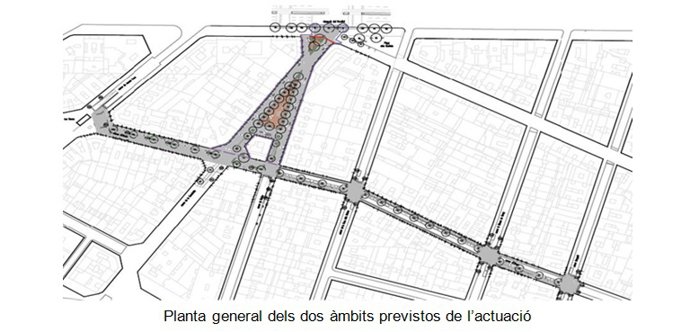 Espacio de la remodelación de la calle Elkano y de la plaza del Setge de 1714  en el barrio de Poble Sec