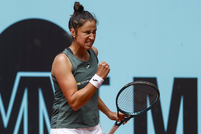 Sara Sorribes Tormo of Spain celebrates a point against Elina Svitolina of Ukraine during the Mutua Madrid Open 2024, ATP Masters 1000 and WTA 1000, tournament celebrated at Caja Magica on April 25, 2024 in Madrid, Spain.