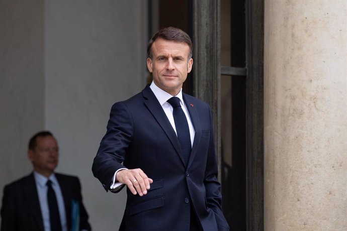 April 19, 2024, Paris, France, France: French President Emmanuel Macron waits for Lebanese Prime Minister s arrival before their meeting at the Elysee Palace.