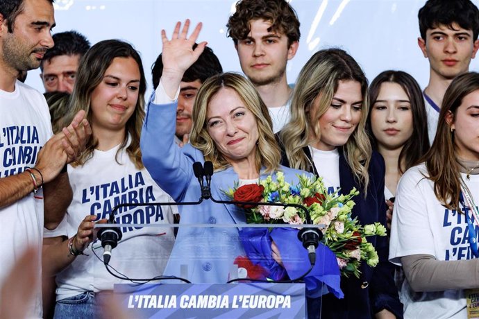 La primera ministra de Italia, Giorgia Meloni, en la conferencia de este domingo de Hermanos de Italia 