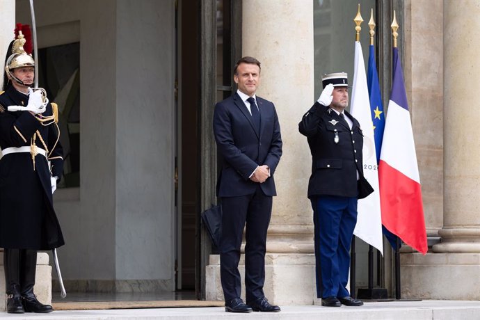 April 19, 2024, Paris, France, France: French President Emmanuel Macron waits for Lebanese Prime Minister s arrival before their meeting at the Elysee Palace.