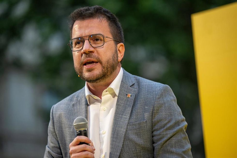 El presidente de la Generalitat, Pere Aragons, durante el acto de ERC de inicio de campaña, en Jardinets de Salvador Espriu, a 25 de abril de 2024, en Barcelona, Catalunya (España)