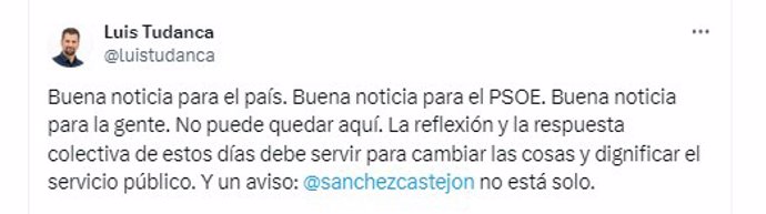 Captura del mensaje en 'X' de Luis Tudanca tras la decisión de Sánchez de continuar como presidente del Gobierno