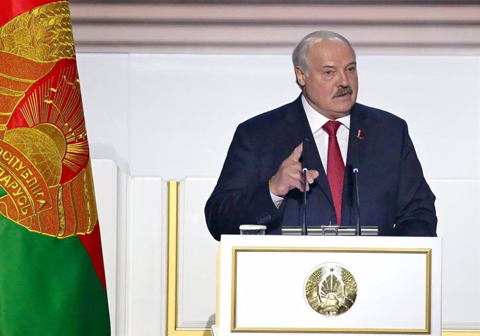 MINSK, April 24, 2024  -- Belarusian President Alexander Lukashenko delivers a speech during the All-Belarusian People's Assembly in Minsk, Belarus, on April 24, 2024. Belarusian President Alexander Lukashenko was elected as the chair of the All-Belarusia