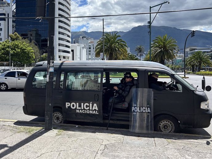 QUITO, April 8, 2024  -- Ecuadorian police stand guard near the Mexican embassy in Quito, Ecuador, April 7, 2024. Mexico suspended its diplomatic relations with Ecuador after Ecuadorian police broke into the Mexican embassy in Quito and arrested former Ec