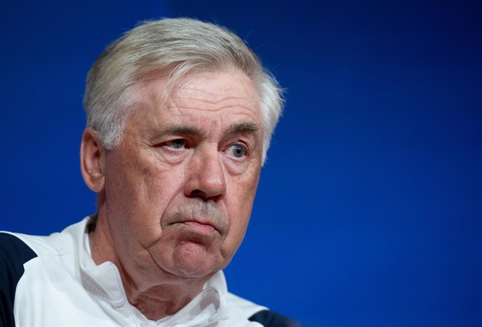 29 April 2024, Bavaria, Munich: Real Madrid coach Carlo Ancelotti attends a press conference at the Allianz Arena ahead of Tuesday's UEFA Champions League semi final soccer match against Bayern Muich. Photo: Sven Hoppe/dpa