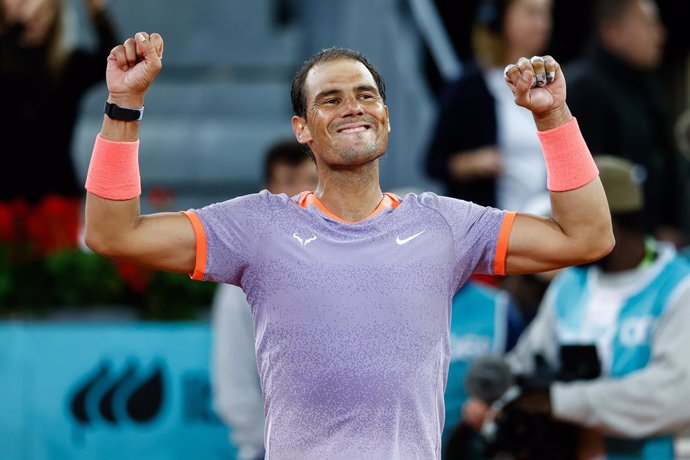 Rafael Nadal of Spain celebrates after winning against Alex de Minaur of Australia during the Mutua Madrid Open 2024, ATP Masters 1000 and WTA 1000, tournament celebrated at Caja Magica on April 27, 2024 in Madrid, Spain.