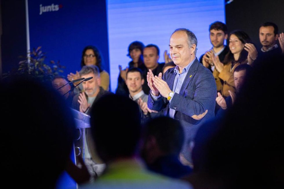 El secretario general de Junts, Jordi Turull, en el mitin de este lunes en Argels-sur-Mer (Francia)