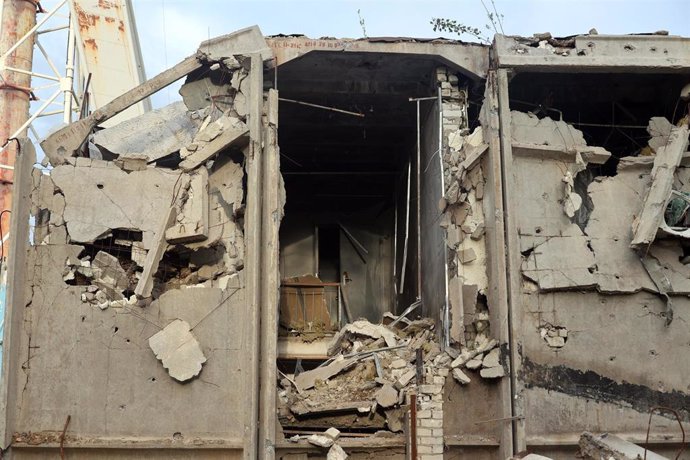 Daños en una torre de televisión tras un reciente ataque ruso sobre Járkov