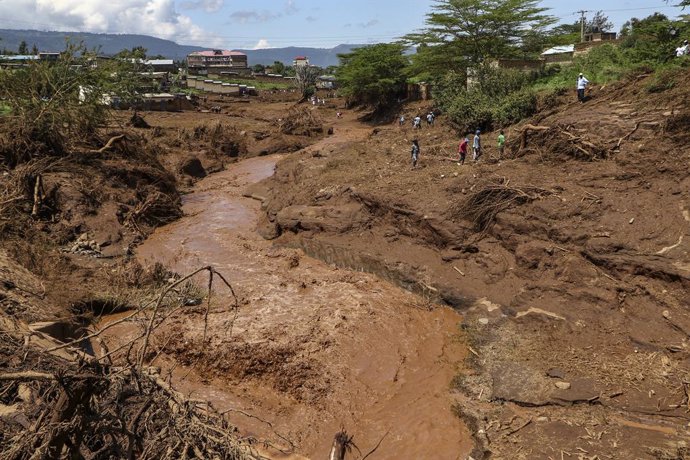 NAKURU, April 29, 2024  -- This photo taken on April 29, 2024 shows the floods in the village of Kamuchiri, Kenya. At least 40 people have been confirmed dead, with several others still missing, after a dam burst in a town north of the Kenyan capital Nair