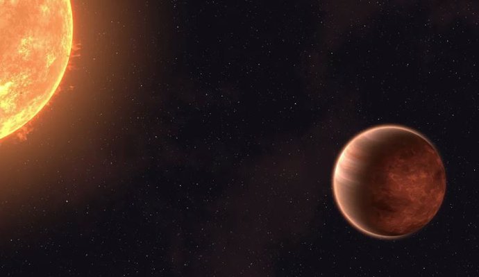 Impresión artística del caliente Júpiter WASP-43b orbitando de cerca a su estrella madre.