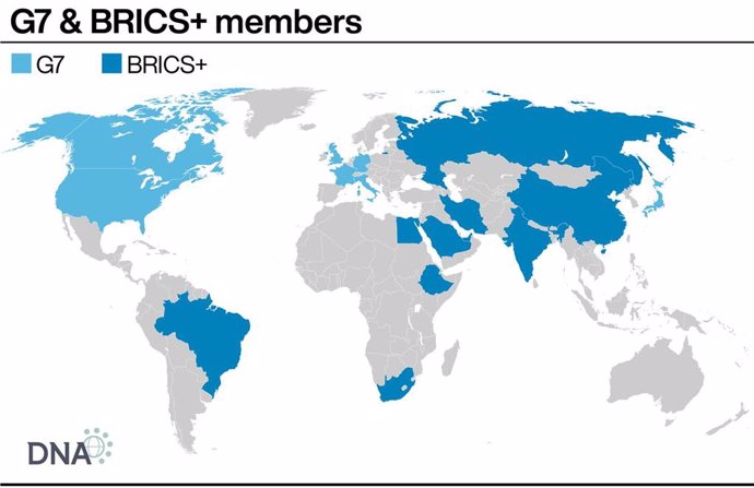 A potential counterpoint to the G7 (shown here in light blue): Ten countries now form the group of countries that is informally known as BRICS+ (shown here in darker blue)