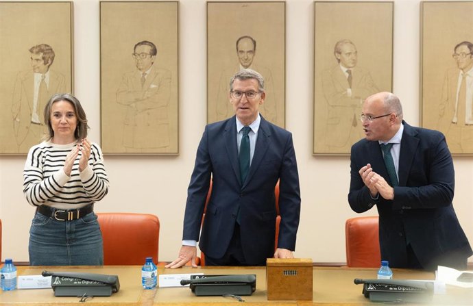 (I-D) La secretaria general del PP, Cuca Gamarra; el líder del PP, Alberto Núñez Feijóo y el portavoz del PP en el Congreso, Miguel Tellado, durante la reunión de los grupos parlamentarios de Congreso y Senado a 30 de abril de 2024, en Madrid (España). 
