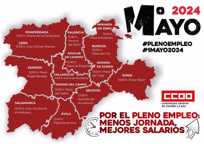 Mapa de las manifestaciones del 1º de mayo previstas en CyL