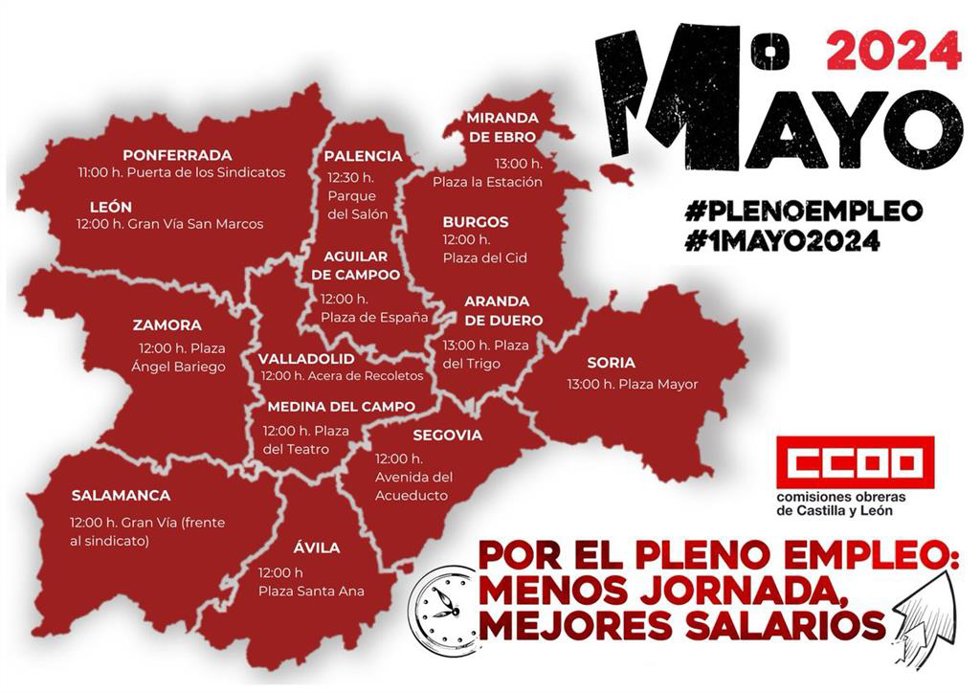 Mapa de las manifestaciones del 1 de mayo previstas en CyL