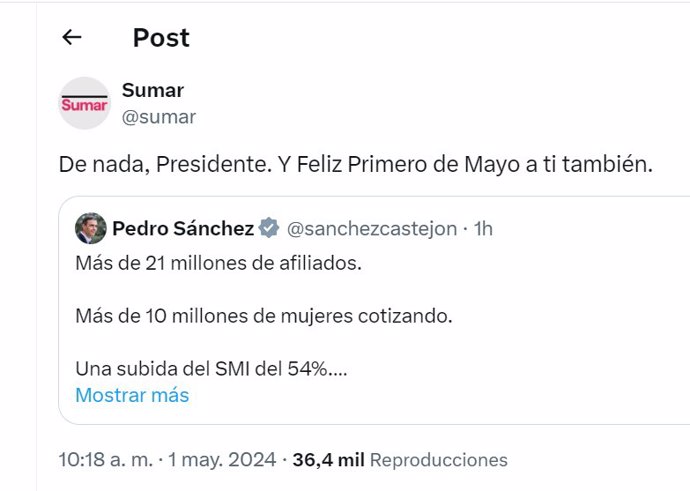 Sumar retuitea un mensaje de Pedro Sánchez por el 1º de  Mayo