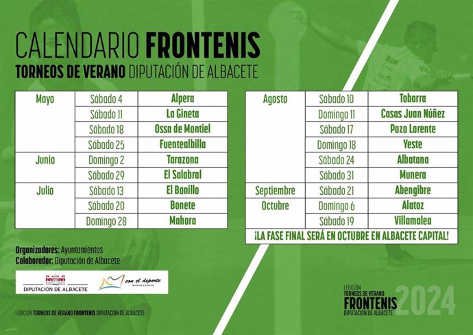 Calendario de la I edición de los Torneos de Verano de Frontenis de la Diputación de Albacete.