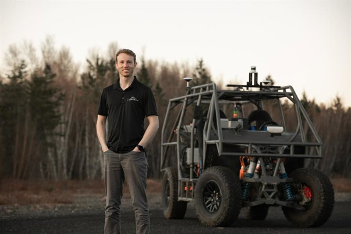 Potential CEO Sam Poirier with the company's P0 test vehicle, an all-electric, quad-motor, 550hp off-road technology testbed with an array of sensors (including cameras and lidar) to mirror any customer configuration. P0 is used to develop and refine Po