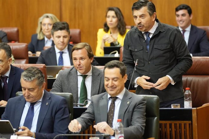 El portavoz del Grupo Popular, Toni Martín, este jueves en la pregunta que dirige al presidente de la Junta de Andalucía, Juanma Moreno, en el Pleno del Parlamento.