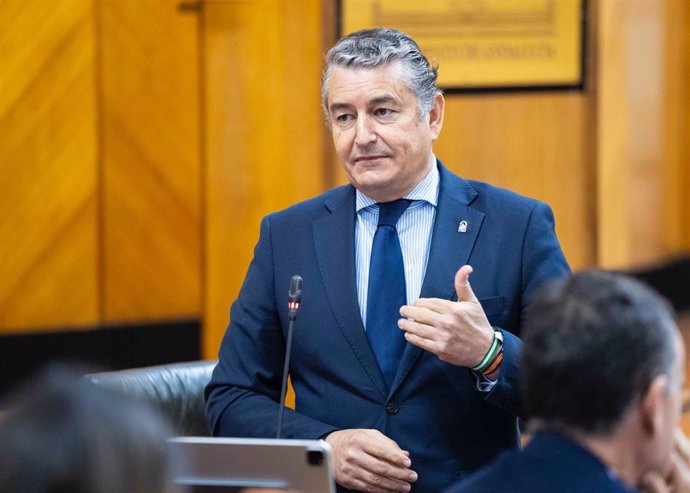El consejero de la Presidencia, Interior, Diálogo Social y Simplificación Administrativa, Antonio Sanz, en el pleno del Parlamento andaluz.