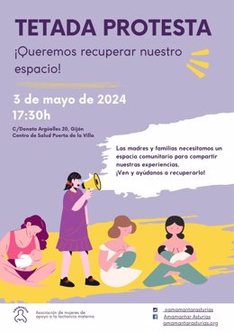Cartel de la 'Tetada de Protesta' organizada en Gijón por la Asociación de Mujeres de Apoyo a la Lactancia Materna (Amamantar)  para este viernes, 3 de mayo.