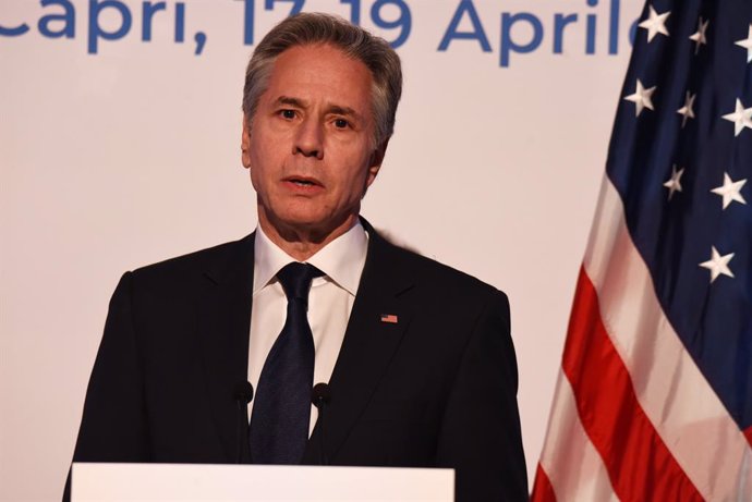 April 19, 2024, Capri, Campania, Italy: Antony John Blinken, United States Secretary of State speaks at the press conference at conclusion work of third day of G7 of Foreign Ministers, about the policy that the United States of America and his partners th