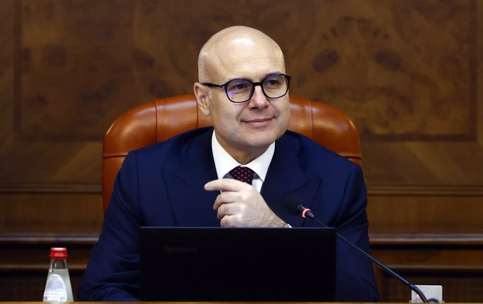 BELGRADE, May 2, 2024  -- Serbia's new Prime Minister Milos Vucevic reacts after taking the oath during a swearing-in ceremony at the Serbian Parliament building in Belgrade, Serbia, on May 2, 2024. The Serbian parliament elected the country's new governm