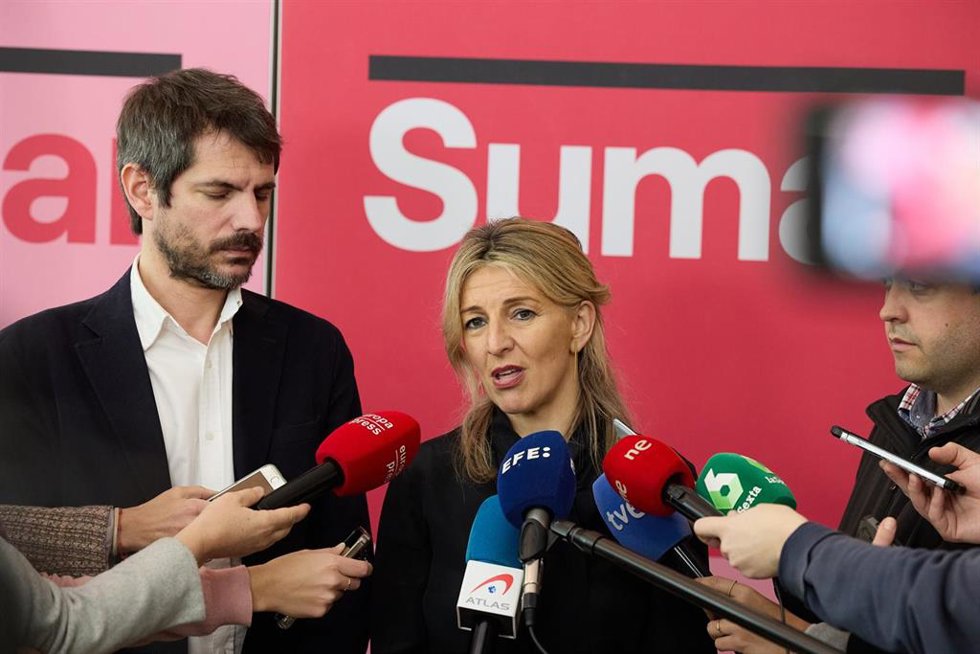 Archivo - La líder de Sumar, Yolanda Díaz, ofrece declaraciones tras su reunión con distintas asociaciones del sector de la cultura y audiovisual, en la Sala María de Maeztu de la Fundación Ortega Marañón, a 14 de febrero de 2024, en Madrid (España).