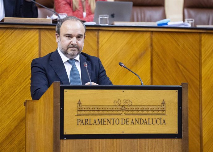 El portavoz de Agricultura del Grupo Popular, Manuel Andrés Sanromán, este viernes en el Pleno del Parlamento en la defensa de la PNL de rebaja fiscal al sector primario.