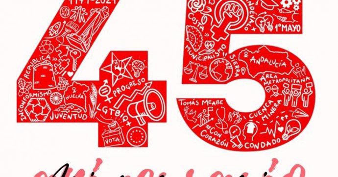 Cartel de la celebración en Huelva del 45 aniversario de la fundación de las Juventudes Socialistas.