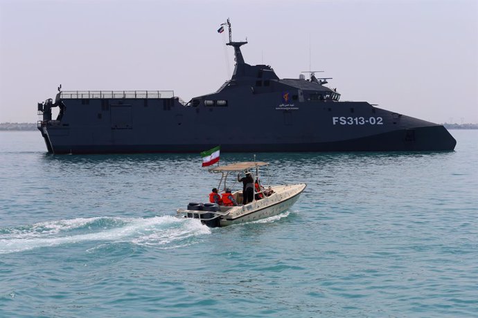April 29, 2024, Persian Gulf, Bushehr, Iran: Martyr Hassan Bagheri warship of the Islamic Revolutionary Guard Corps Navy (IRGCN) and an Islamic Revolutionary Guard Corps (IRGC) military speed boat, take part in the ''National Persian Gulf Day'' at the Per