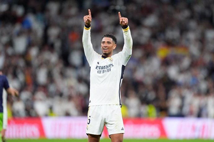 Jude Bellingham of Real Madrid celebrates the 3-2 victory during the Spanish League, LaLiga EA Sports, football match played between Real Madrid and FC Barcelona at Santiago Bernabeu stadium on April 21, 2024 in Madrid, Spain.
