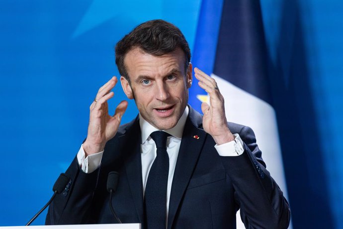 Archivo - February 10, 2023, Brussels, Belgium: Emmanuel Macron President of France speaks during a press conference after the European Council Summit in Brussels with the EU leaders and President of Ukraine.